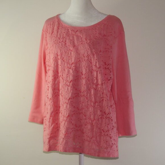 Croft & Borrow Orange 3/4 Sleeve Pullover Top with Floral Overlay Size PXL C1221 - Picture 4 of 7